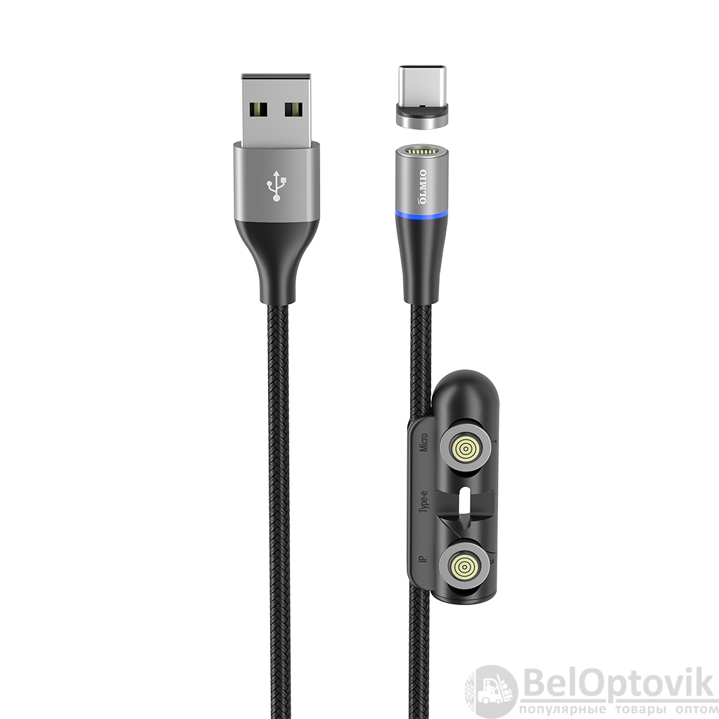 Кабель MagCable 3in1, USB2.0 - microUSB/typeC/8-pin, 1.2м, 3А, черный, OLMIO