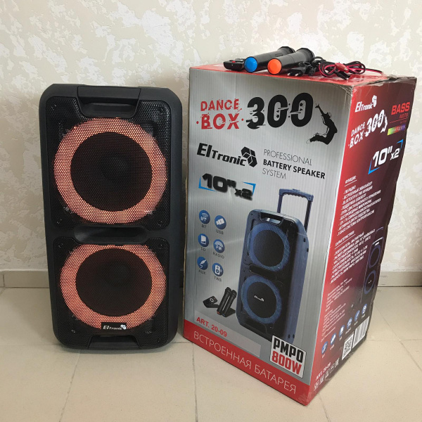 Профессиональная акустическая система ELtronic Dance box 300 (Два динамика по 10 дюймов, FM-радио, караоке, bluetooth, usb/sd/tf 800ВАТТ)