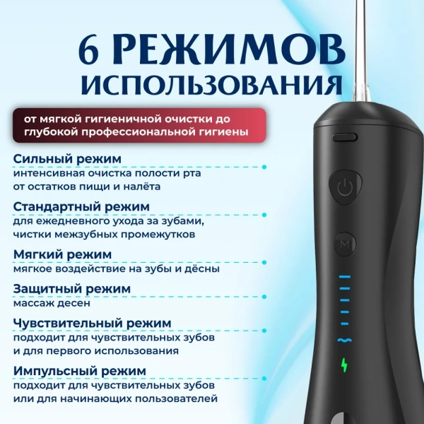 Ирригатор портативный для полости рта BIP-005, 6 режимов, черный / Эффективно очищает труднодоступные места и подходит для ухода за брекетами