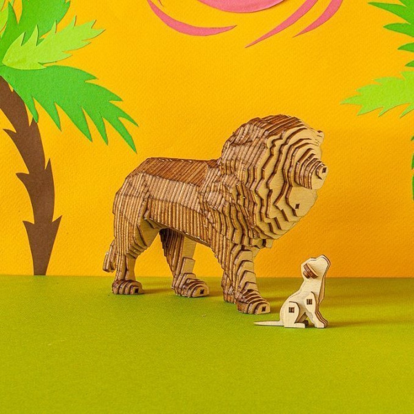 Деревянный конструктор UNIWOOD "Львиная семья" Сборка без клея, 204 детали с набором карандашей