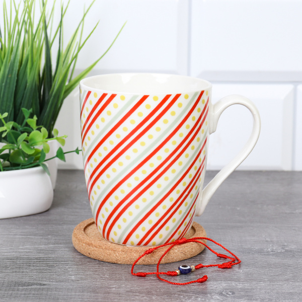 Кружка 400 мл с подставкой под горячее в подарочной упаковке PVS/ K5098/ Красные полоски/ АКЦИЯ