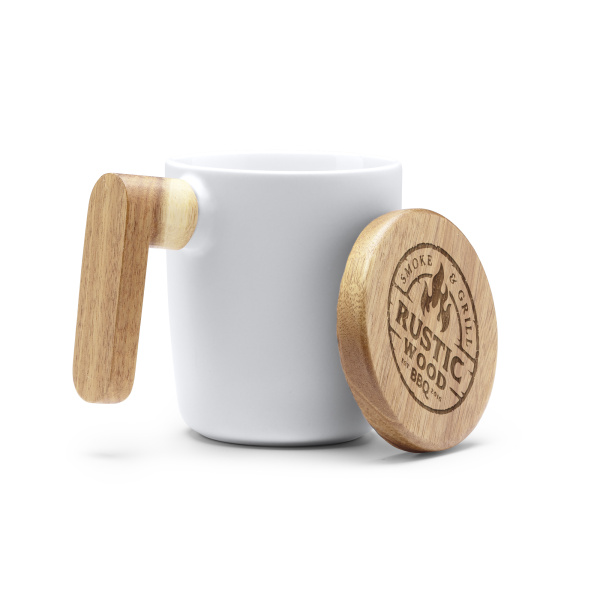 Кружка керамическая с бамбуковой крышкой и ручкой LOVET, белый, объем 350 мл.