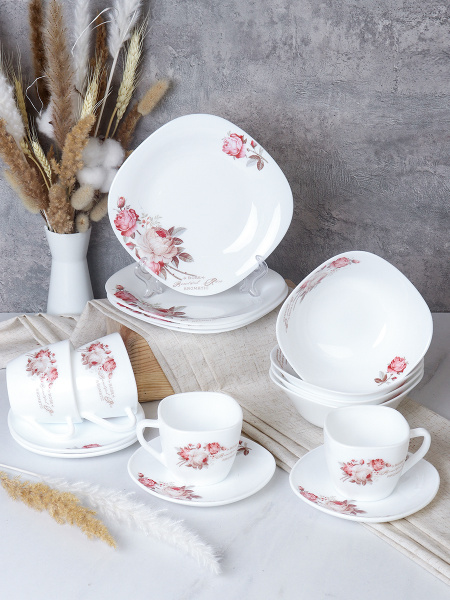 Столовый набор 16 предметов на 4 персоны квадратный / 16/86220/XN (6916) /уп 2/ Чайная роза
