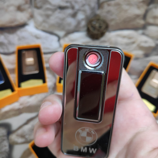 Электроимпульсная зажигалка-брелок с эмблемой и сменным нагревательным элементом Lighter Classic Fashionable BMW, Серый корпус