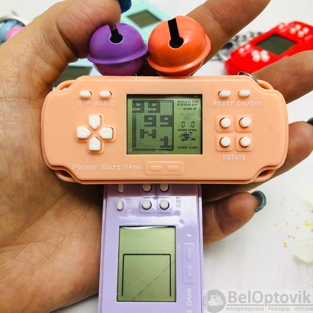 Брелок - тетрис Mini Game Player (с кольцом, карабином и колокольчиком) Оранжевый с белыми кнопками