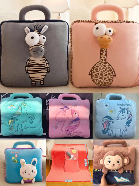 Мягкая игрушка - трансформер Unicorn 3 в 1 (игрушка-чемоданчик, плед, подушка) Голубой с Зайкой (объемное изображение)