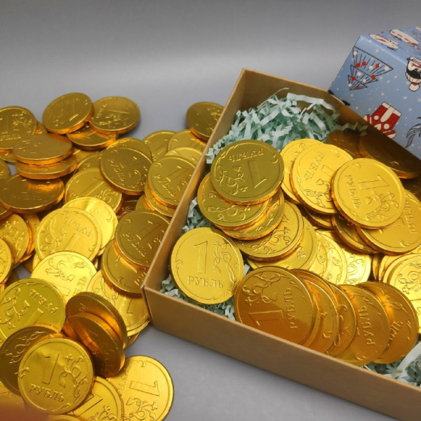 Золотые шоколадные монеты «Рубль», набор 20 монеток (Россия)