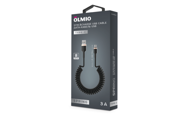 Кабель SPRING, USB 2.0 - Type-C, 1.5м, 3A, OLMIO