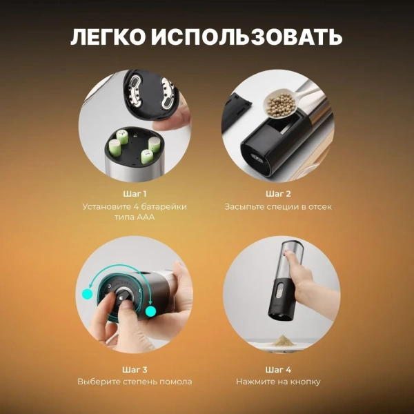 Электрическая мельница для специй KA046, мощность 25 Вт, регулировка степени помола, безопасные материалы, черно-серебристая / Стильный аксессуар для вашей кухни