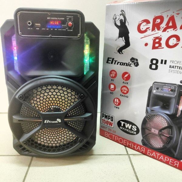 Беспроводная портативная bluetooth колонка Eltronic CRAZY BOX 150 Watts арт. 20-28 с проводным микрофоном, LED-подсветкой и RGB светомузыкой, пультом дистанционного управления