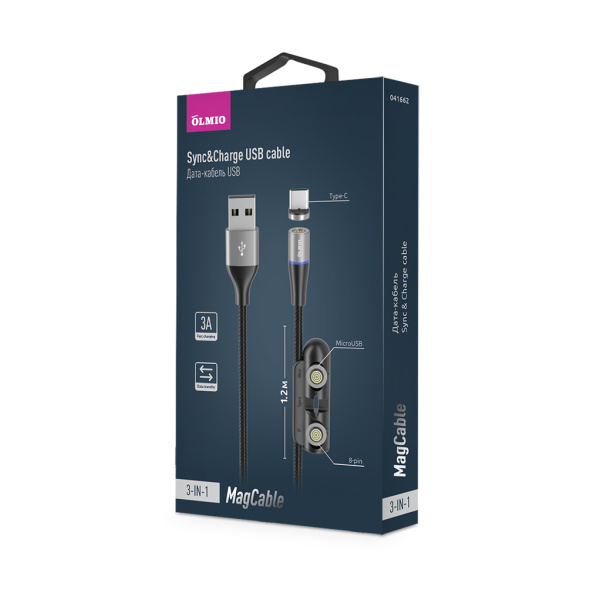 Кабель MagCable 3in1, USB2.0 - microUSB/typeC/8-pin, 1.2м, 3А, черный, OLMIO