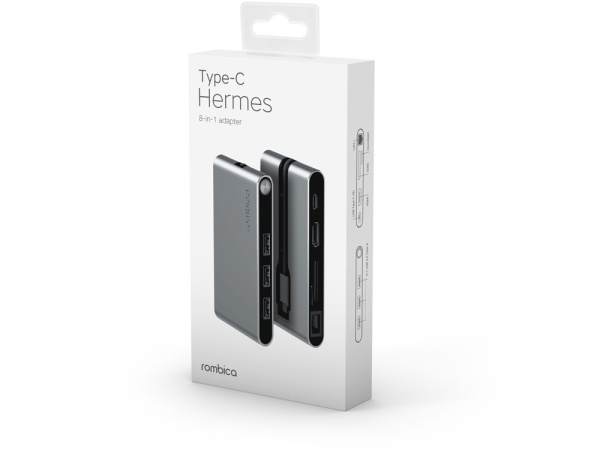 Хаб 8-в-1 Type-C «Hermes», USB 3.0 x 3, Type-C PD, HDMI, LAN, картридер, Цвет черный