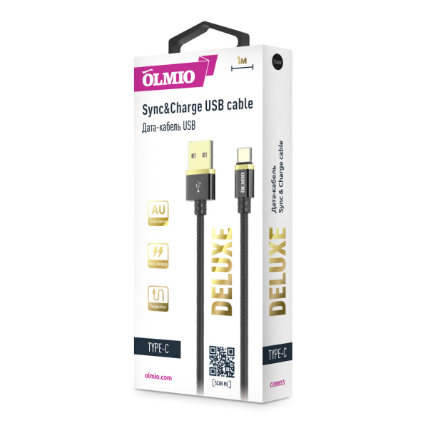 Кабель DELUXE, USB 2.0 - Type-C, 1м, 2.1A, черный, OLMIO