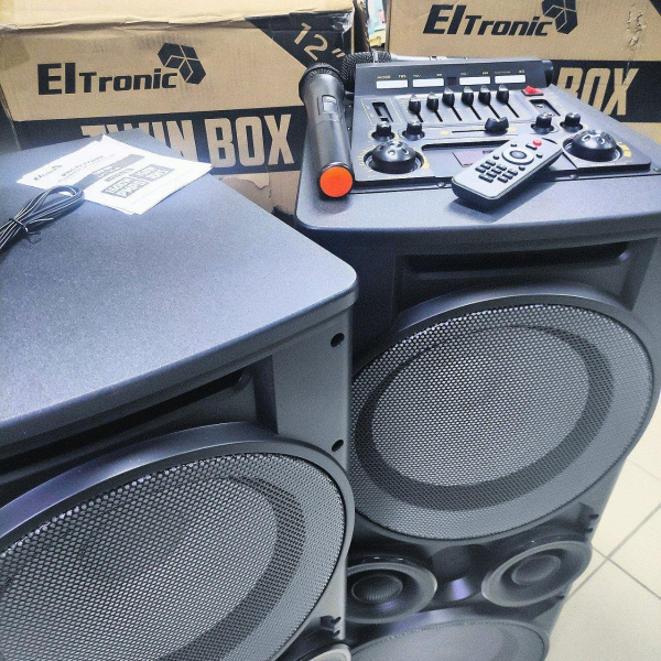 Профессиональная напольная акустическая система Eltronic 20-06  TWEEN BOX  (в комплекте из двух колонок) с LED-подсветкой и RGB светомузыкой, с двумя беспроводными микрофонами, пультом дистанционного управления