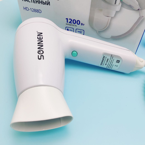 Фен для волос настенный SONNEN HD-1288D, 1200 Вт, пластиковый корпус, 4 скорости, белый, 604197
