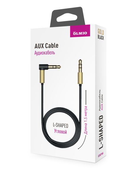 Аудиокабель AUX 3.5(m)-3.5(m), 1.5м, угловой, черно-золотой, OLMIO