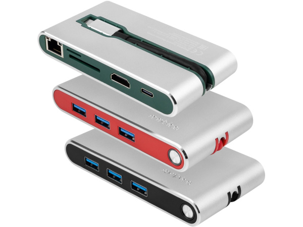Хаб 8-в-1 Type-C «Hermes», USB 3.0 x 3, Type-C PD, HDMI, LAN, картридер, Цвет зеленый
