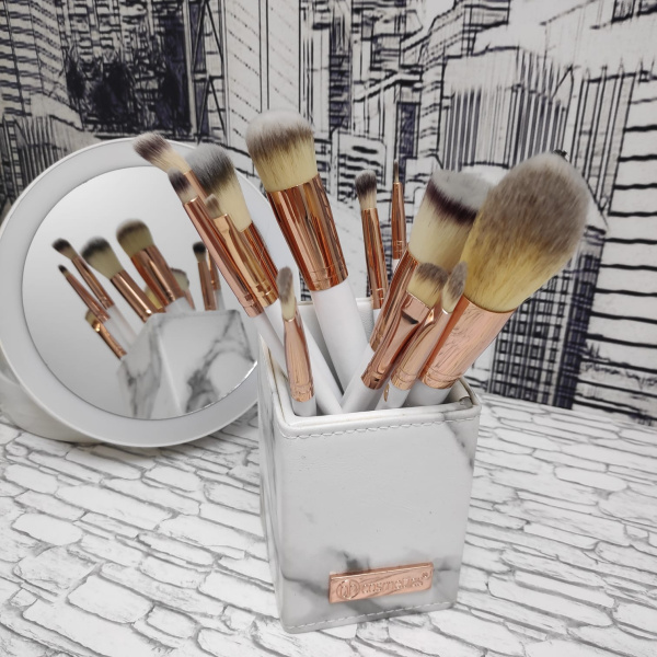 Набор кистей Premium класса с подставкой BH Signature Rose Gold – 13 кистей Piece Brush Set Нежный мраморно - белый с золотом