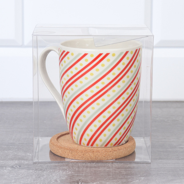 Кружка 400 мл с подставкой под горячее в подарочной упаковке PVS/ K5098/ Красные полоски/ АКЦИЯ