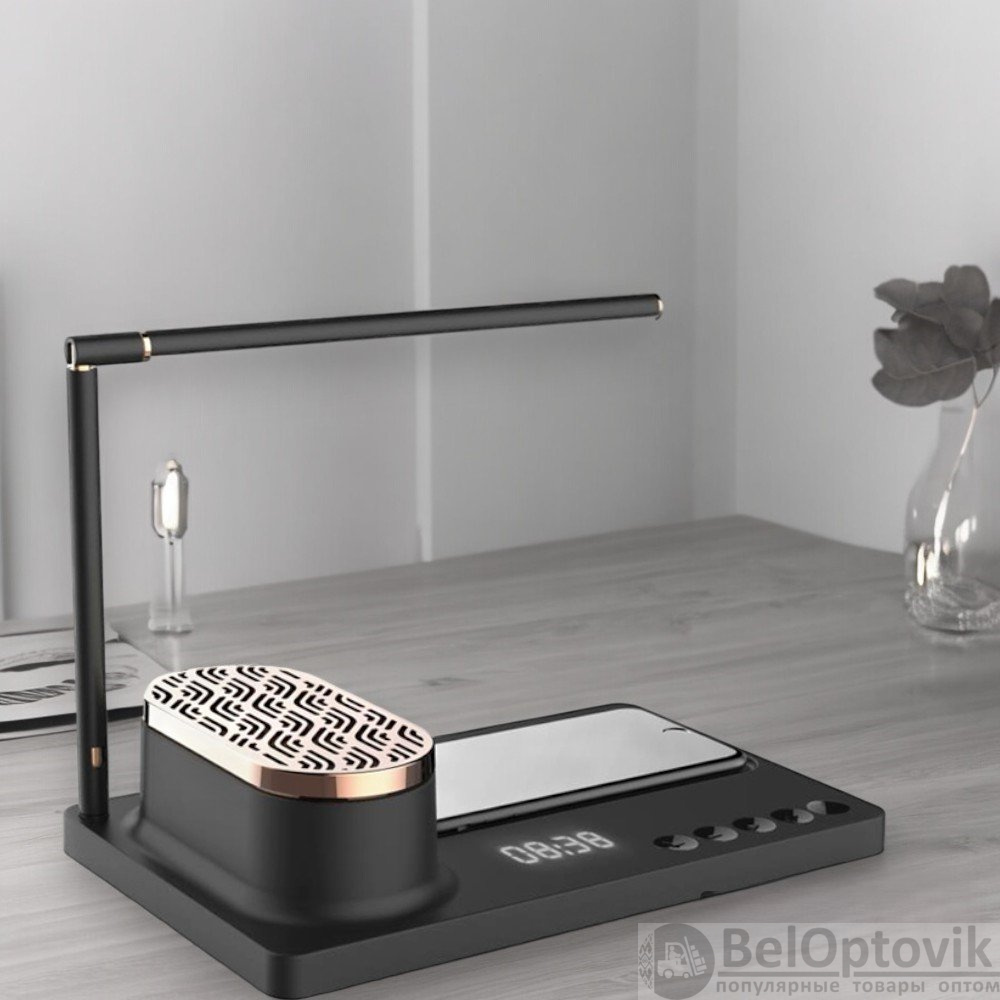 Интерьерная лампа c колонкой, беспроводной зарядкой и дисплеем Volando, с нанесением логотипа