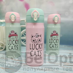 Термокружка LUCKY Cats, 350 мл Розовый с мятной крышечкой