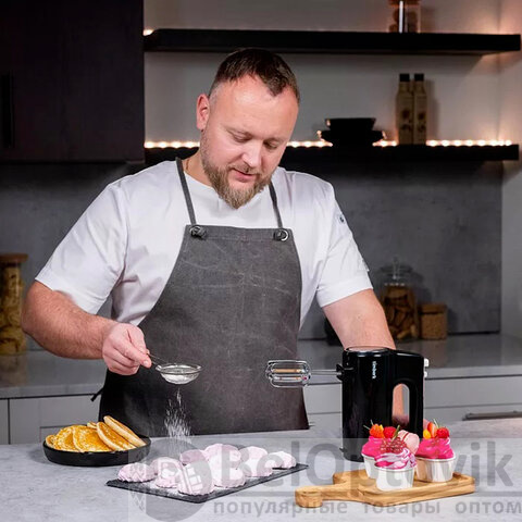 Миксер TIMBERK T-HM40S50, 700 Вт, 5 скоростей, 2 венчика, 2 крюка для теста, контейнер, черный