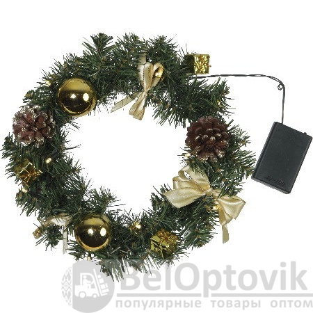 Венок еловый DECORAGE, диаметр 30 см, 10 LED ламп, на батарейках, зелёная хвоя, золотистые украшения