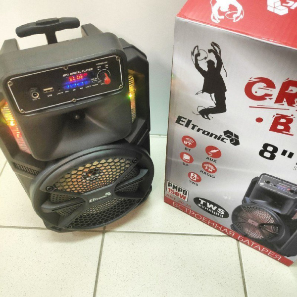 Беспроводная портативная bluetooth колонка Eltronic CRAZY BOX 150 Watts арт. 20-28 с проводным микрофоном, LED-подсветкой и RGB светомузыкой, пультом дистанционного управления