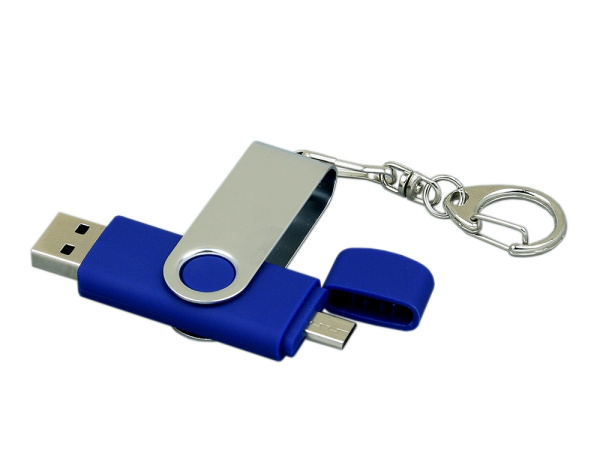 USB 2.0- флешка на 16 Гб с поворотным механизмом и дополнительным разъемом Micro USB, Размер 16ГБ, Цвет синий/серебристый