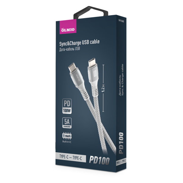 Кабель PD100, Type-C - Type-C, USB2.0, 1.2м, белый, OLMIO