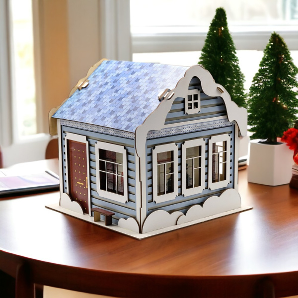 Новогодний дом, упаковка новогодняя из дерева, голубой полуматовый / Идеальное украшение для новогодней елки