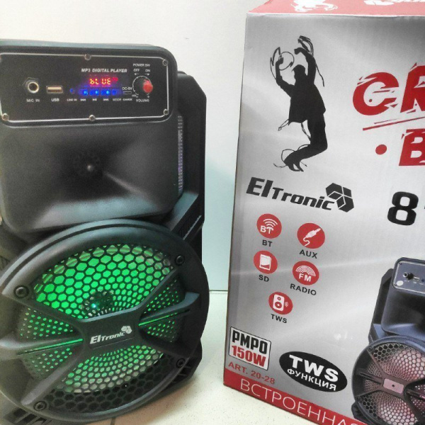 Беспроводная портативная bluetooth колонка Eltronic CRAZY BOX 150 Watts арт. 20-28 с проводным микрофоном, LED-подсветкой и RGB светомузыкой, пультом дистанционного управления