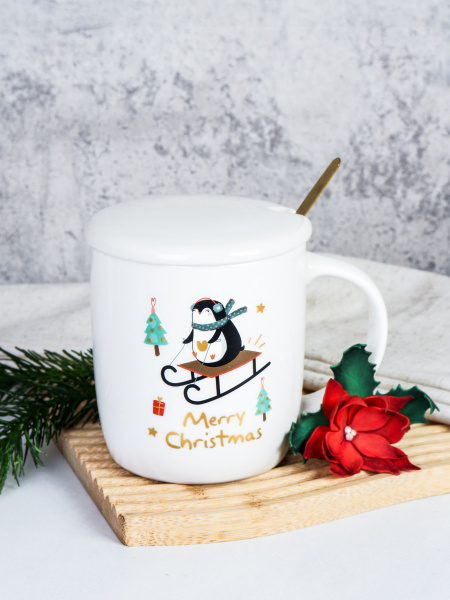 Кружка новогодняя с крышкой,ложка / HB-A2096 /уп 60/