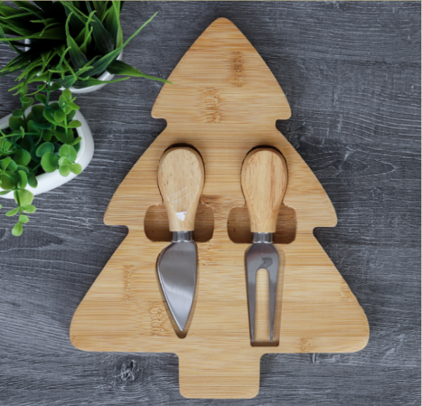 Доска-поднос Елка Новогодняя 20x25x1,5 см / KF-S12 /уп 48/ нож и вилка