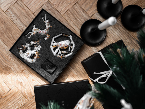 Набор елочных игрушек: Снегирь, Олень, Ель, Цвет Розовый кварц