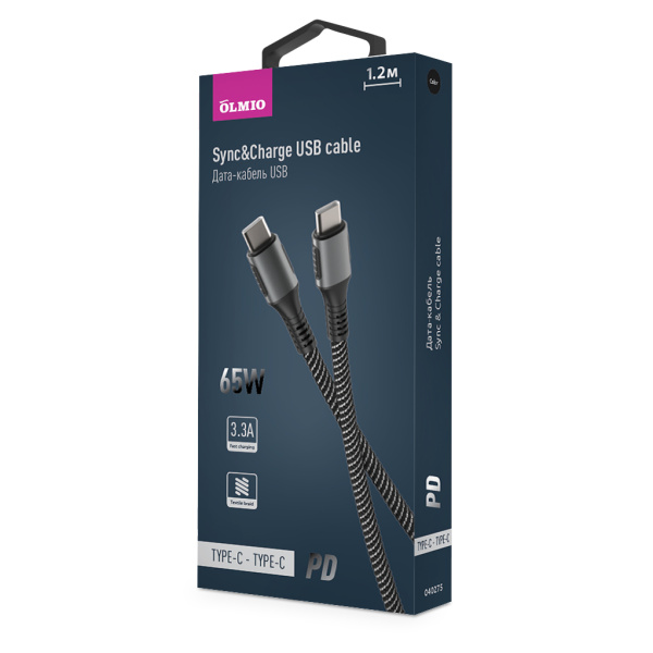Кабель PD, USB2.0, Type-C - Type-C, 1.2м, черный, OLMIO