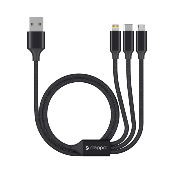 Дата-кабель 3 в 1: micro USB, USB-C, Ligthning, алюминий, 1.2м, Цвет черный