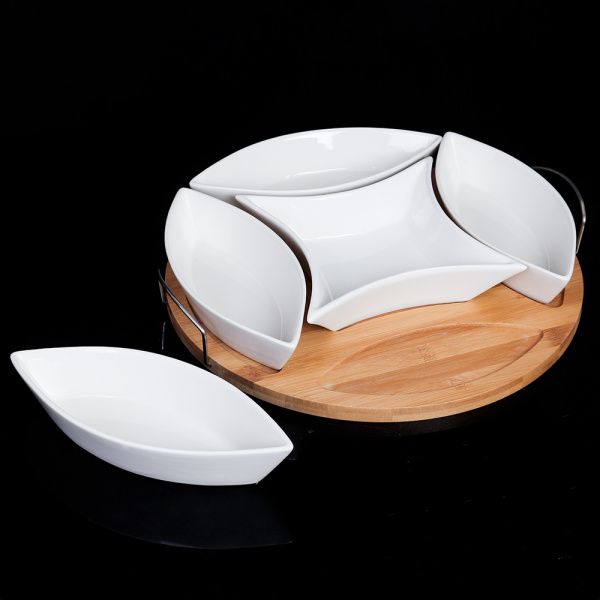 Менажница 5 предметов 4х200 мл,1х250 мл / JD6031B /уп 12/ на деревянной подставке