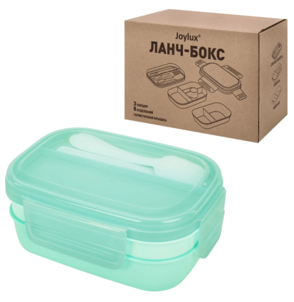 Ланч-бокс контейнер 3 секции 8 отделений 1,9л ложка, вилка, нож 10х21х14см мятный JOYLUX, 609350