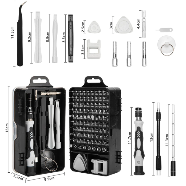 Набор инструментов для ремонта электроники 114 в 1 в кейсе (отвертка со сменными битами с гибким удлинителем)