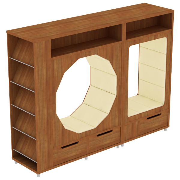 Стеллаж с местами для сидения двухсторонний и демонстрационной полкой