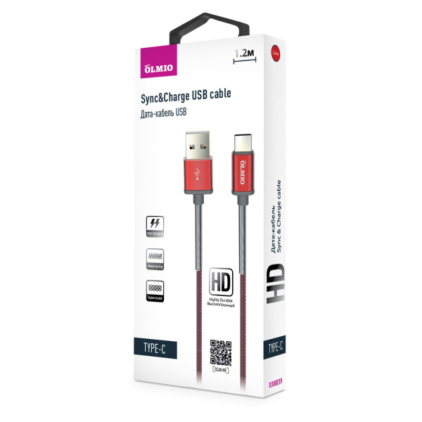 Кабель HD, USB 2.0 - USB Type-C, 1.2м, 2.1A, красный, OLMIO