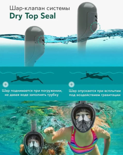 ХИТ ЦЕНА! Маска для снорклинга (плавание под поверхностью воды) FREEBREATH с креплением для экшн камеры и берушами L/XL Серый