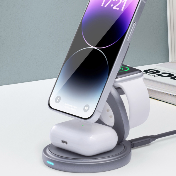 Беспроводная зарядная станция 3 в 1 MagSafe Rotation QI складная, Цвет графит