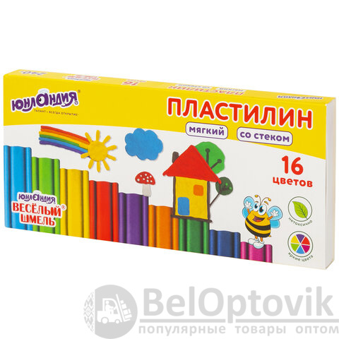 Пластилин мягкий ЮНЛАНДИЯ "ВЕСЕЛЫЙ ШМЕЛЬ", 16 цветов, 240 г, СО СТЕКОМ, 106673