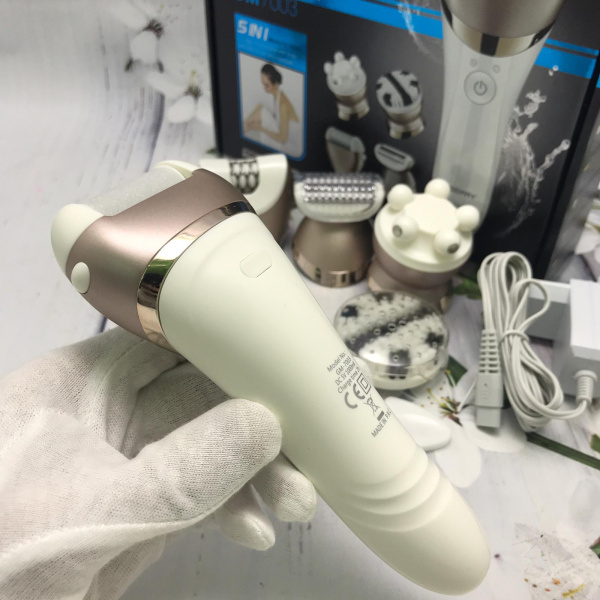 (Premium) Эпилятор 5 в 1 Gemei GM-7003 (насадки для пилинга, массажа, триммер для бикини, бритва, пемза)