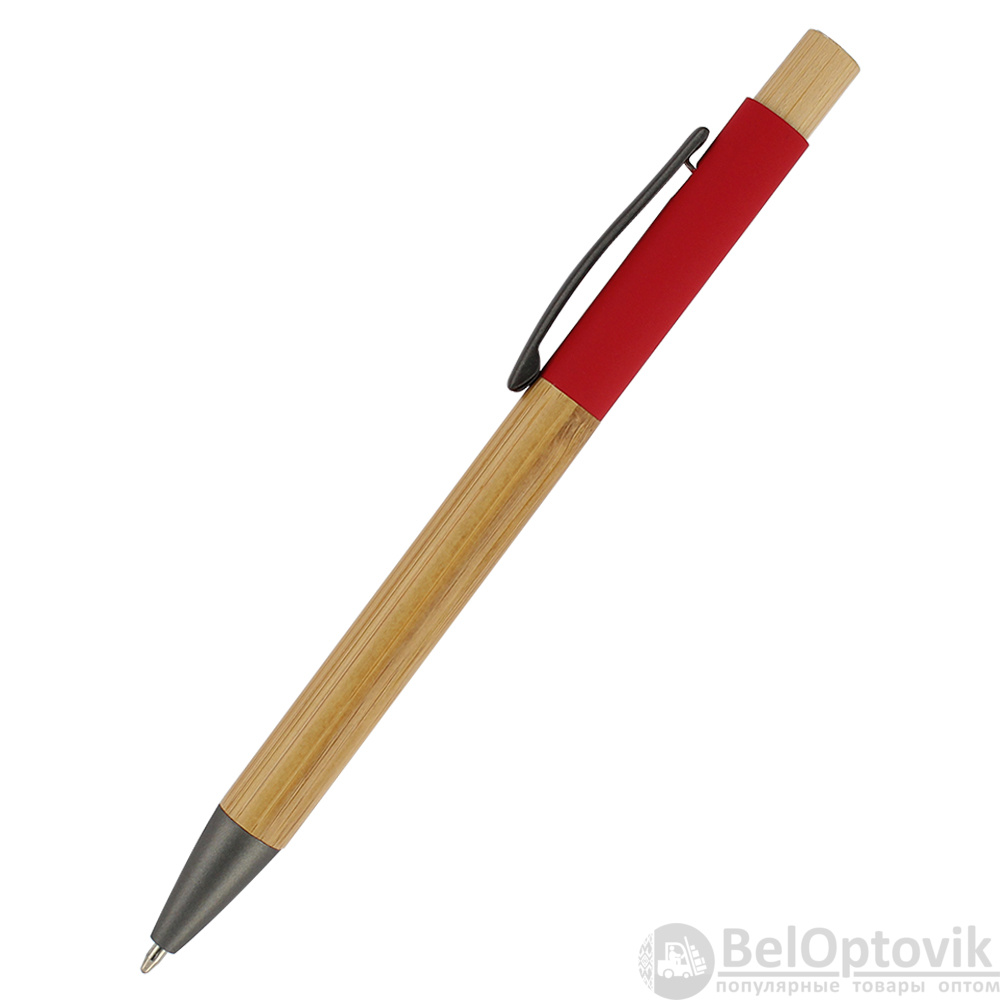 Ручка Авалон с корпусом из бамбука и софт-тач вставкой, красный