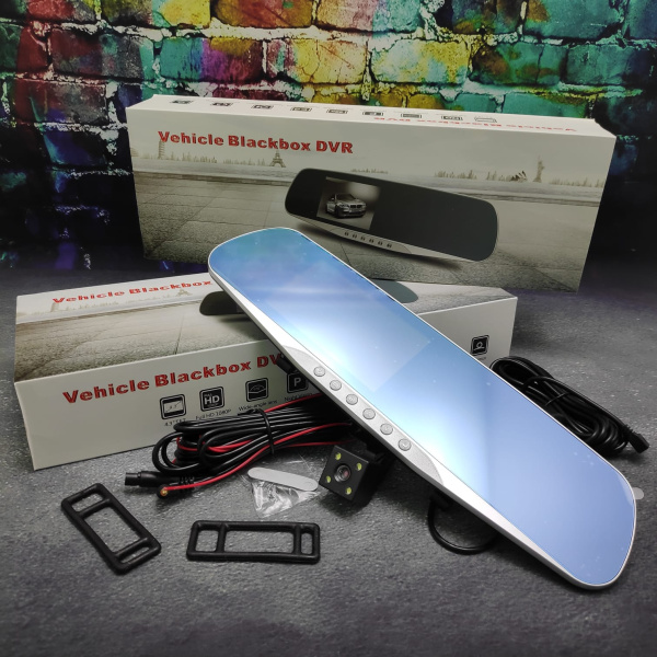 Видеорегистратор - зеркало заднего вида Vehicle Blackbox DVR в стальном корпусе (с датчиком движения, камерой заднего вида)
