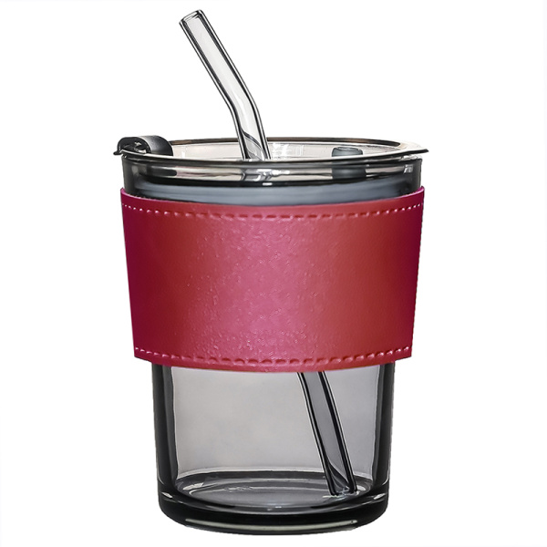 Стакан стеклянный с трубочкой и капхолдером Karamel, 350 мл, золотой и черный цвет / Стильный и функциональный аксессуар для напитков