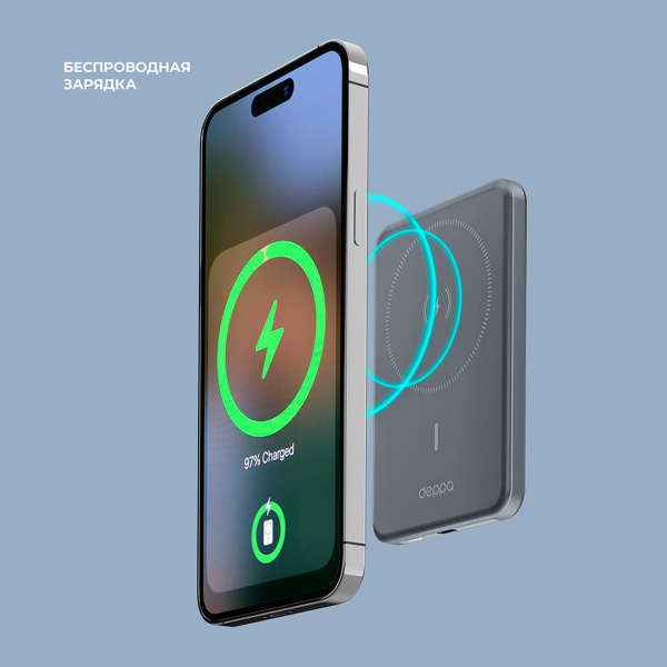 Внешний АКБ NRG MageSafe Alum 5000 мА-ч, 15Вт QI, Размер 5000 mAh, Цвет серый